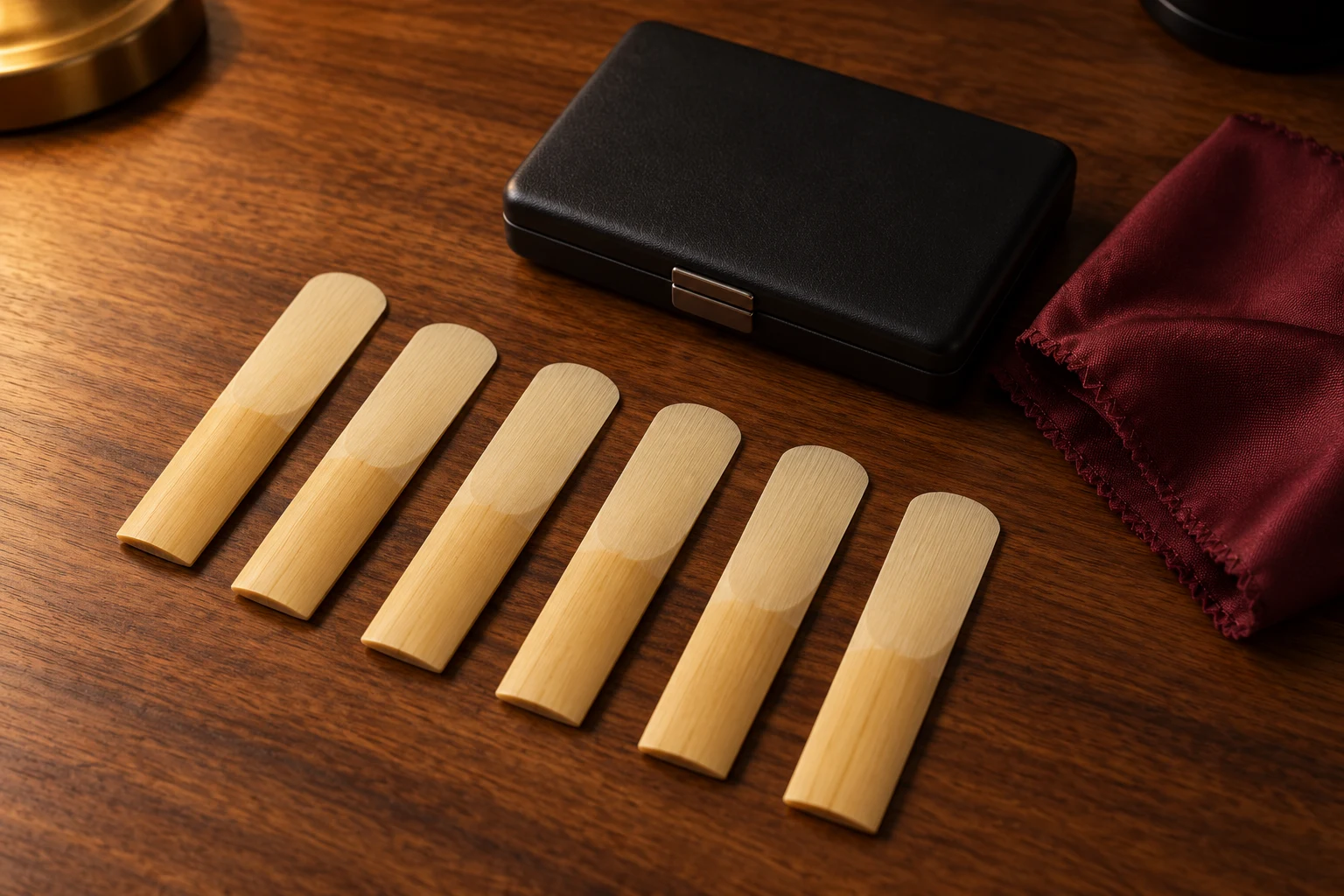 Reeds and care supplies on a woodwind practice desk